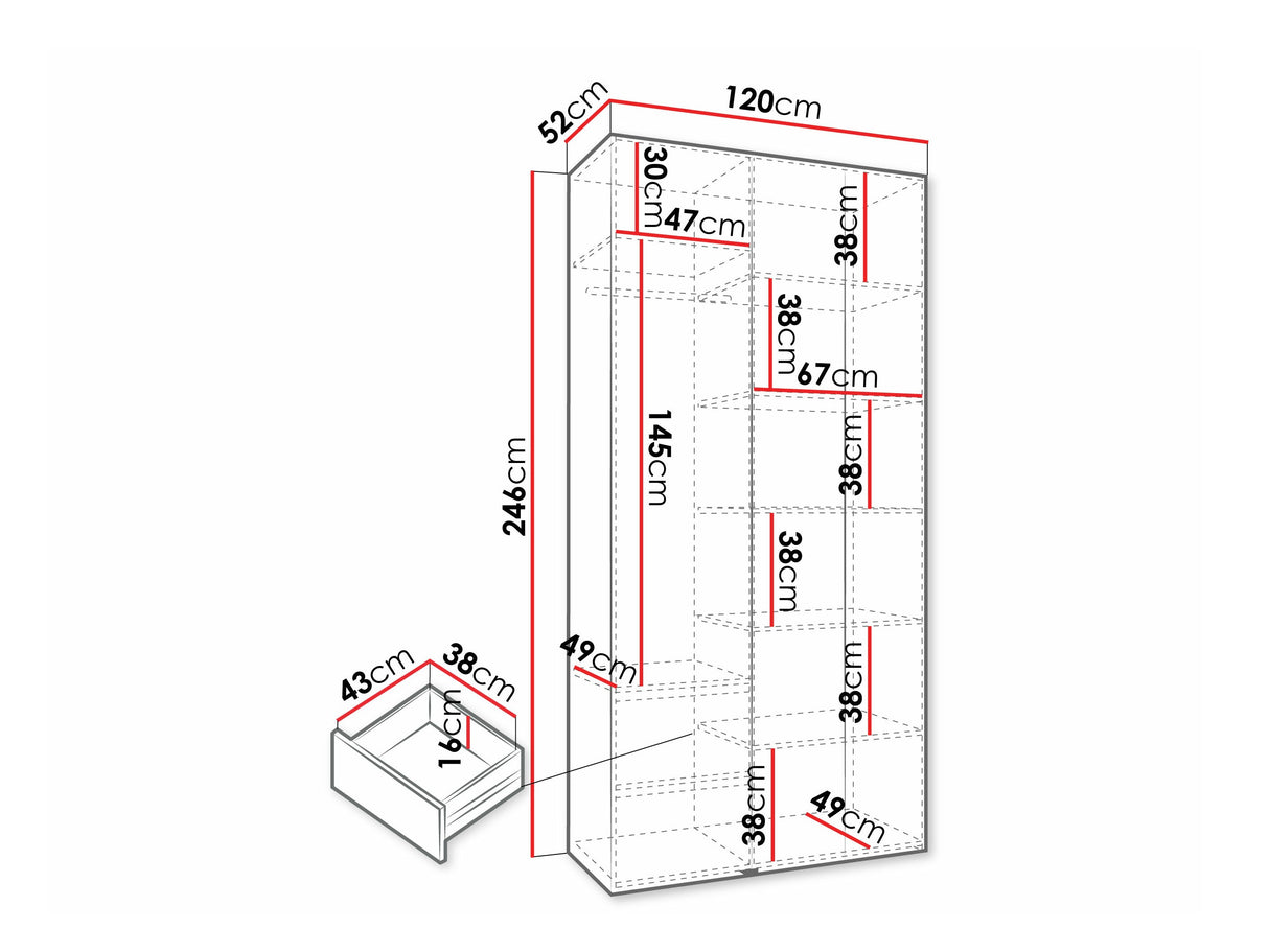 Gardróbszekrény Szafa COMO 4 120/130/140/150/160 (gł.40/50), Szín: Fehér, Fogantyú színe: Fekete, Fiókok: Igen, Szélesség: 120 cm, Mélység: 52 cm
