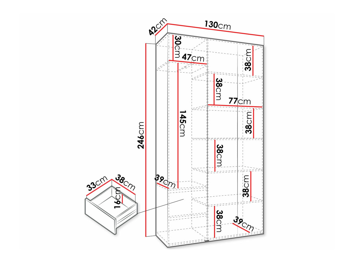 Gardróbszekrény Szafa COMO 4 120/130/140/150/160 (gł.40/50), Szín: Fehér, Fogantyú színe: Fekete, Fiókok: Igen, Szélesség: 130 cm, Mélység: 42 cm