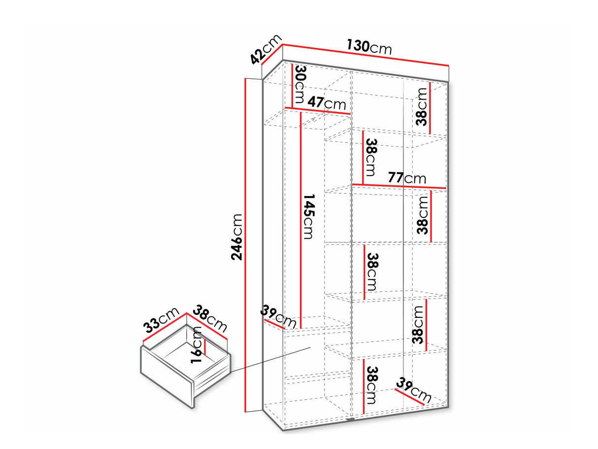 Gardróbszekrény Szafa COMO 4 120/130/140/150/160 (gł.40/50), Szín: Fehér, Fogantyú színe: Aranysárga, Fiókok: Igen, Szélesség: 130 cm, Mélység: 42 cm