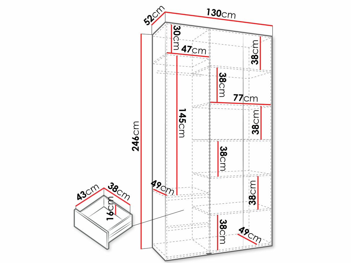 Gardróbszekrény Szafa COMO 4 120/130/140/150/160 (gł.40/50), Szín: Kasmír, Fogantyú színe: Aranysárga, Fiókok: Igen, Szélesség: 130 cm, Mélység: 52 cm
