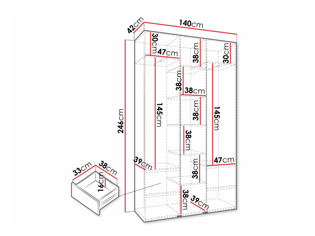 Gardróbszekrény Szafa COMO 4 120/130/140/150/160 (gł.40/50), Szín: Fehér, Fogantyú színe: Fekete, Fiókok: Igen, Szélesség: 140 cm, Mélység: 42 cm