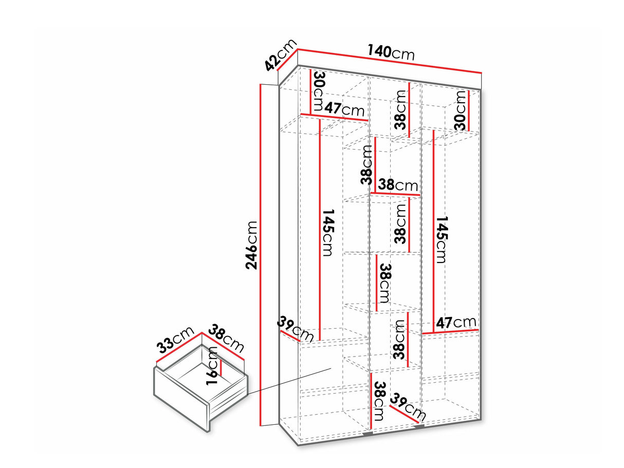 Gardróbszekrény Szafa COMO 4 120/130/140/150/160 (gł.40/50), Szín: Fehér, Fogantyú színe: Aranysárga, Fiókok: Igen, Szélesség: 140 cm, Mélység: 42 cm