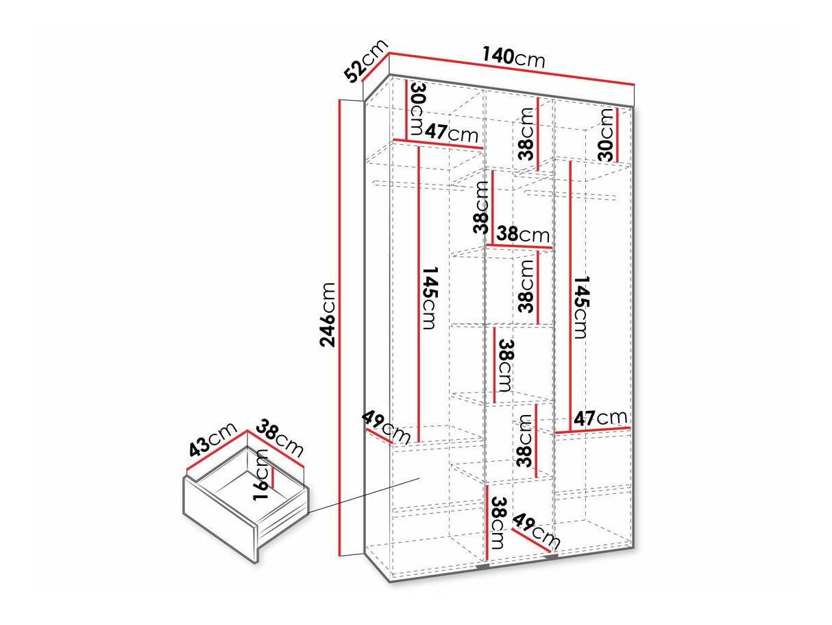 Gardróbszekrény Szafa COMO 4 120/130/140/150/160 (gł.40/50), Szín: Fehér, Fogantyú színe: Aranysárga, Fiókok: Igen, Szélesség: 140 cm, Mélység: 52 cm