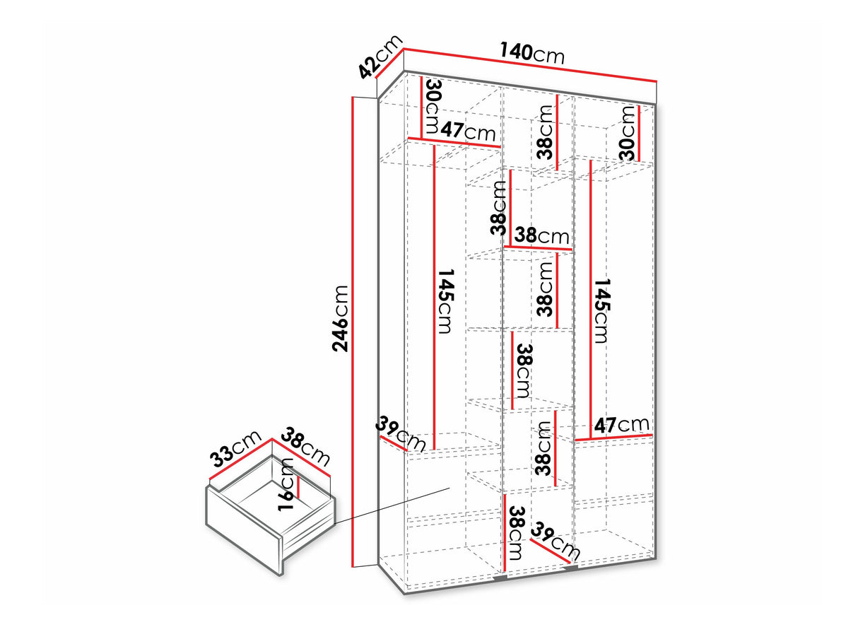 Gardróbszekrény Szafa COMO 4 120/130/140/150/160 (gł.40/50), Szín: Kasmír, Fogantyú színe: Aranysárga, Fiókok: Igen, Szélesség: 140 cm, Mélység: 42 cm