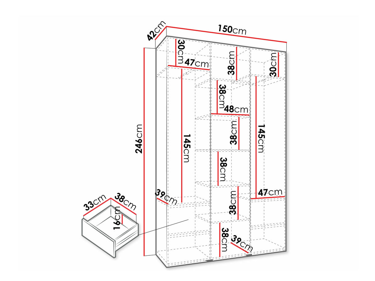 Gardróbszekrény Szafa COMO 4 120/130/140/150/160 (gł.40/50), Szín: Fehér, Fogantyú színe: Fekete, Fiókok: Igen, Szélesség: 150 cm, Mélység: 42 cm