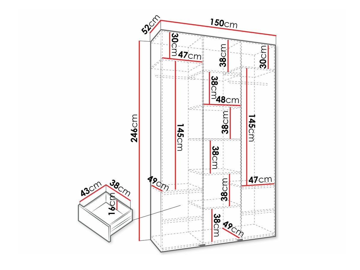 Gardróbszekrény Szafa COMO 4 120/130/140/150/160 (gł.40/50), Szín: Fehér, Fogantyú színe: Fekete, Fiókok: Igen, Szélesség: 150 cm, Mélység: 52 cm