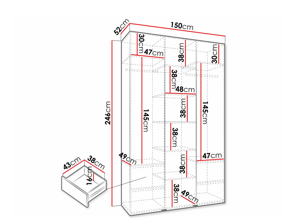 Gardróbszekrény Szafa COMO 4 120/130/140/150/160 (gł.40/50), Szín: Fehér, Fogantyú színe: Aranysárga, Fiókok: Igen, Szélesség: 150 cm, Mélység: 52 cm