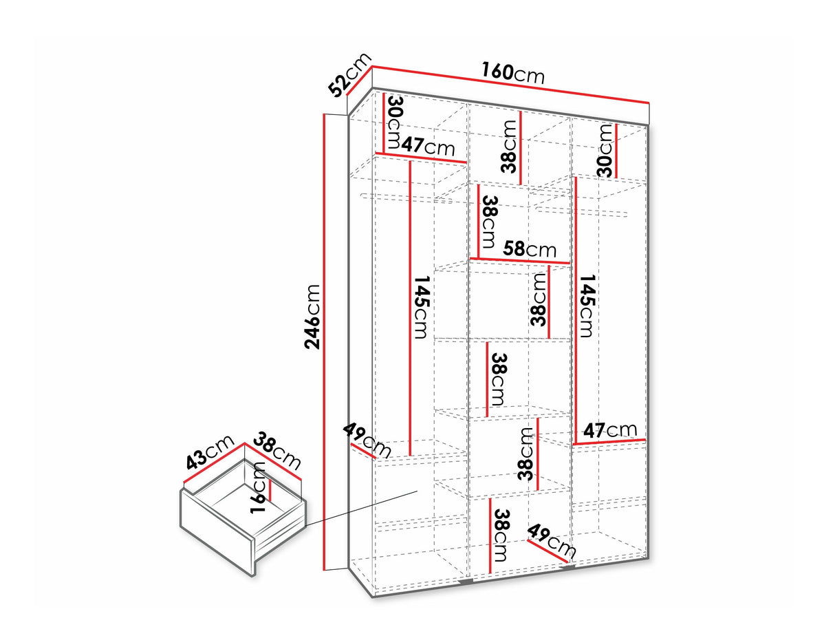 Gardróbszekrény Szafa COMO 4 120/130/140/150/160 (gł.40/50), Szín: Fehér, Fogantyú színe: Aranysárga, Fiókok: Igen, Szélesség: 160 cm, Mélység: 52 cm
