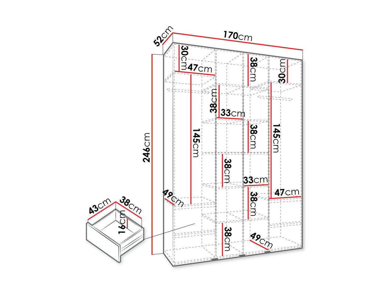 Gardróbszekrény Szafa COMO 4 170/180/190/200 (gł.40/50), Szín: Fehér, Fogantyú színe: Fekete, Fiókok: Igen, Szélesség: 170 cm, Mélység: 52 cm