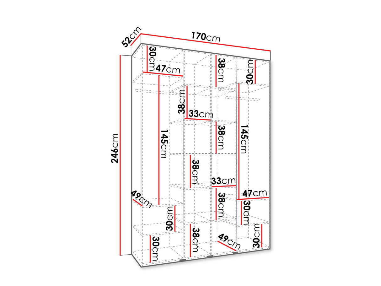 Gardróbszekrény Szafa COMO 4 170/180/190/200 (gł.40/50), Szín: Fehér, Fogantyú színe: Aranysárga, Fiókok: Nem, Szélesség: 170 cm, Mélység: 52 cm