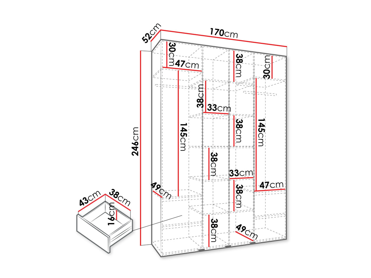 Gardróbszekrény Szafa COMO 4 170/180/190/200 (gł.40/50), Szín: Fehér, Fogantyú színe: Aranysárga, Fiókok: Igen, Szélesség: 170 cm, Mélység: 52 cm