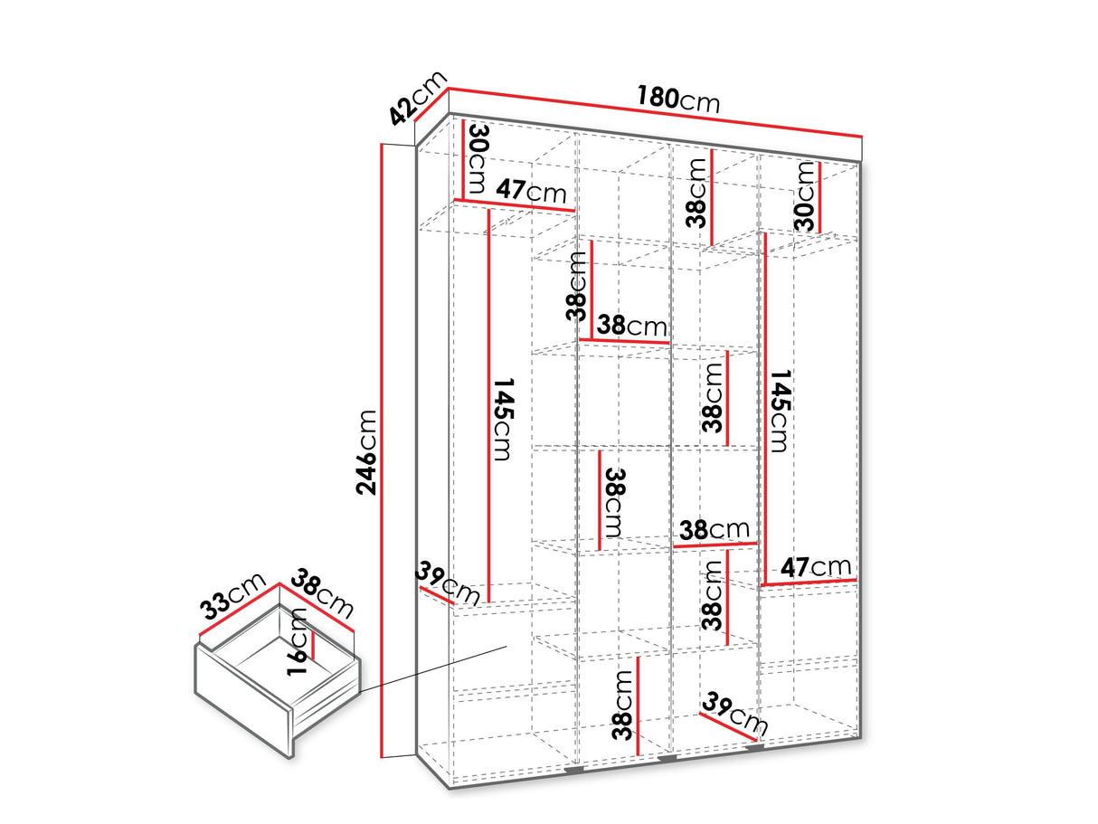 Gardróbszekrény Szafa COMO 4 170/180/190/200 (gł.40/50), Szín: Fehér, Fogantyú színe: Fekete, Fiókok: Igen, Szélesség: 180 cm, Mélység: 42 cm