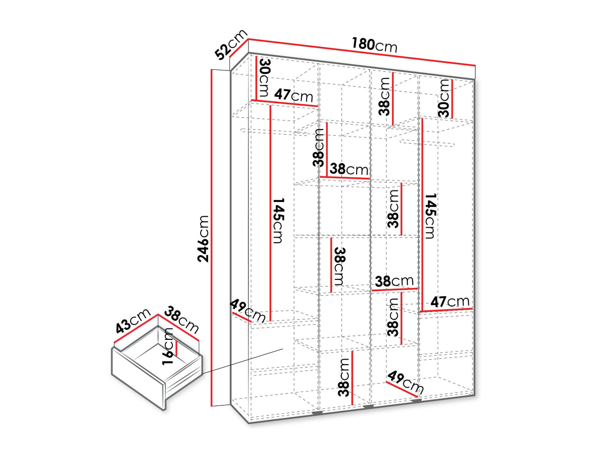 Gardróbszekrény Szafa COMO 4 170/180/190/200 (gł.40/50), Szín: Fehér, Fogantyú színe: Fekete, Fiókok: Igen, Szélesség: 180 cm, Mélység: 52 cm