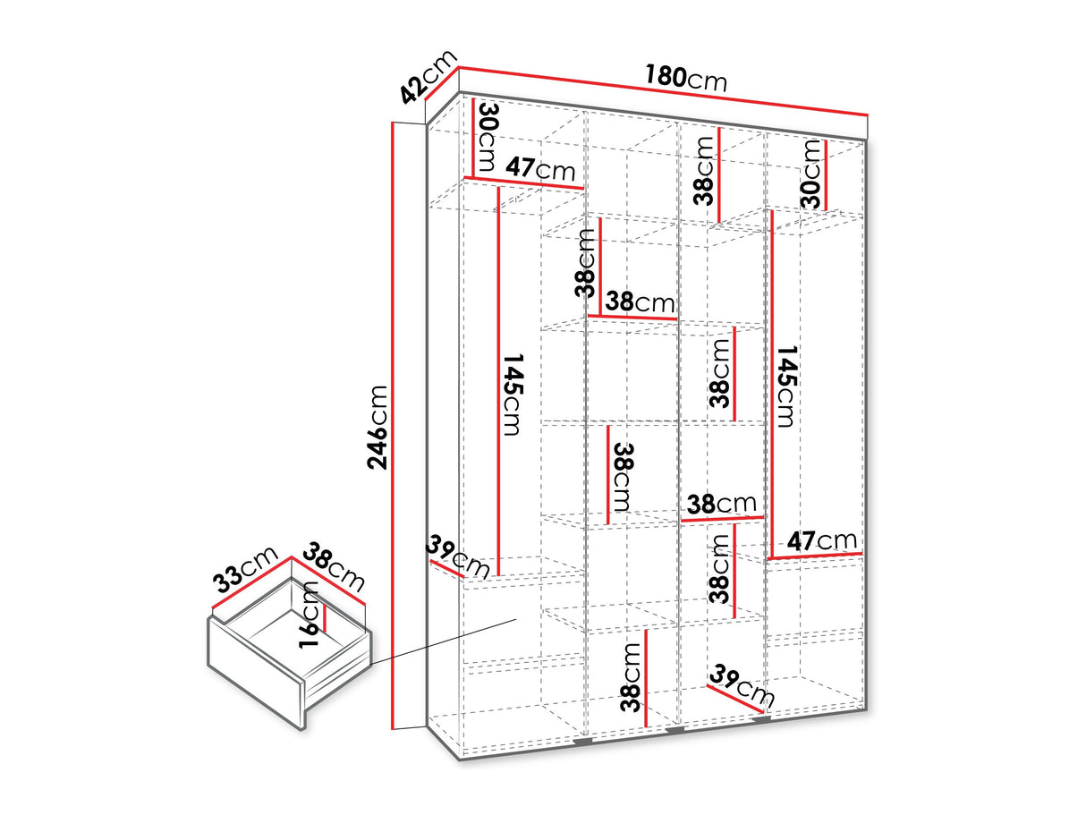 Gardróbszekrény Szafa COMO 4 170/180/190/200 (gł.40/50), Szín: Fehér, Fogantyú színe: Aranysárga, Fiókok: Igen, Szélesség: 180 cm, Mélység: 42 cm