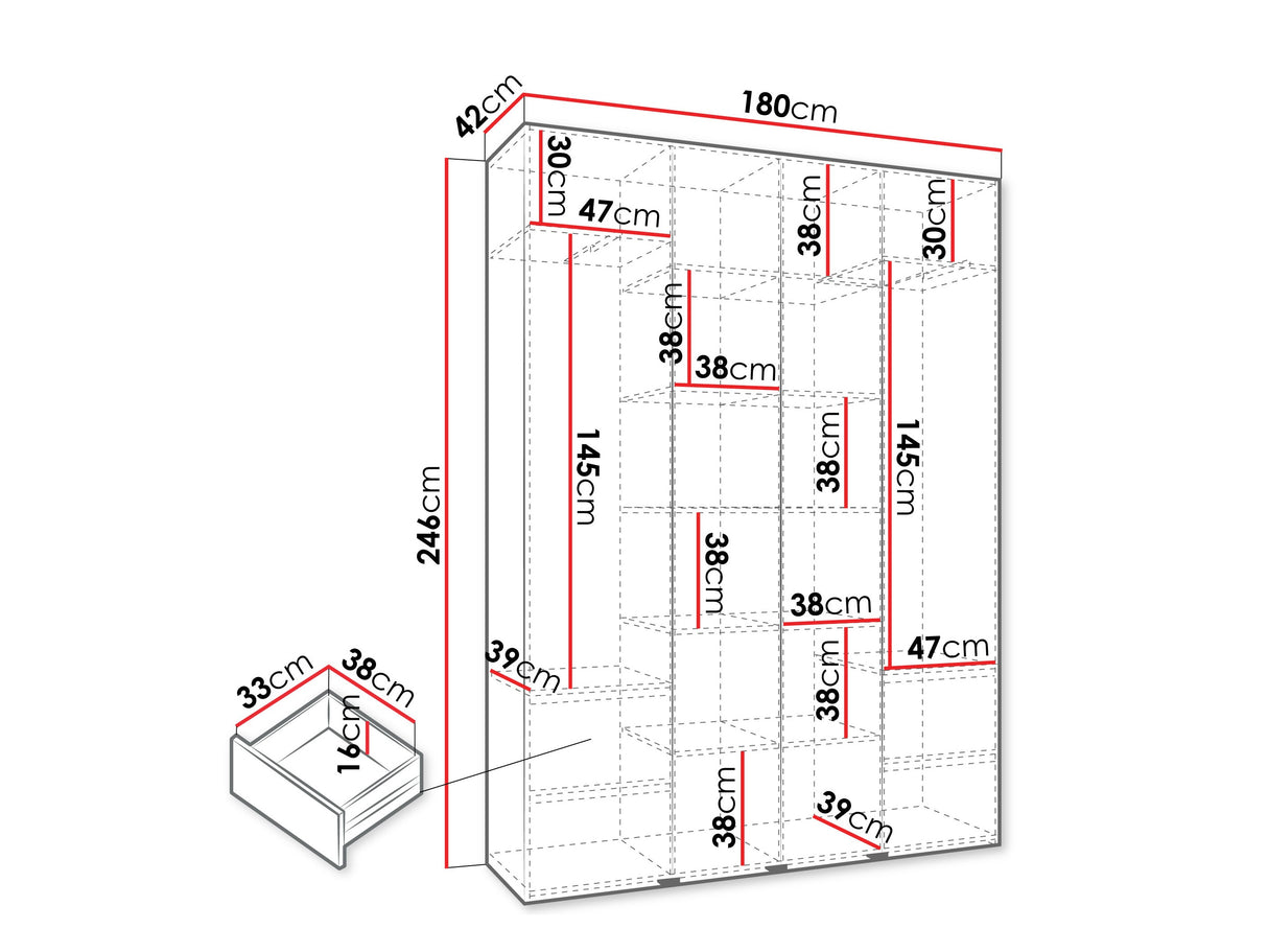 Gardróbszekrény Szafa COMO 4 170/180/190/200 (gł.40/50), Szín: Kasmír, Fogantyú színe: Fekete, Fiókok: Igen, Szélesség: 180 cm, Mélység: 42 cm