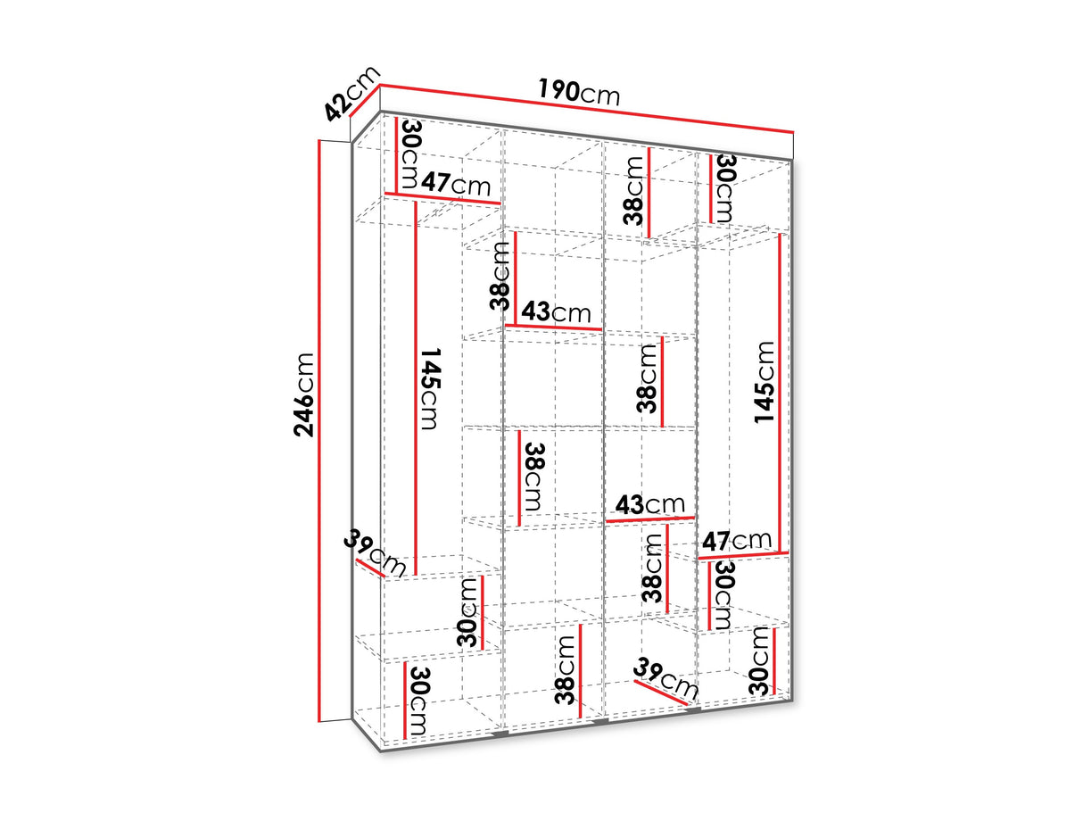 Gardróbszekrény Szafa COMO 4 170/180/190/200 (gł.40/50), Szín: Fehér, Fogantyú színe: Fekete, Fiókok: Nem, Szélesség: 190 cm, Mélység: 42 cm