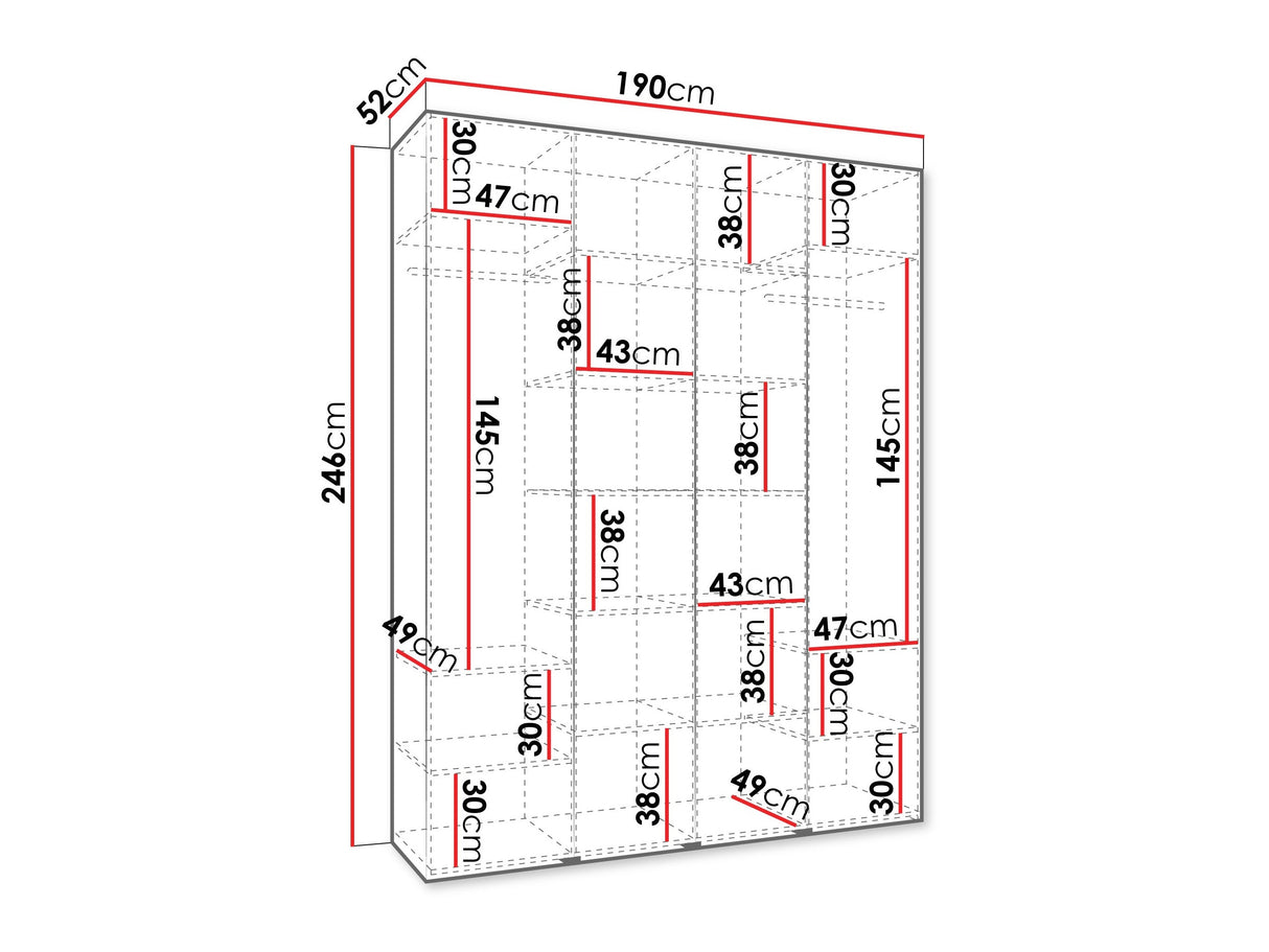 Gardróbszekrény Szafa COMO 4 170/180/190/200 (gł.40/50), Szín: Fehér, Fogantyú színe: Fekete, Fiókok: Nem, Szélesség: 190 cm, Mélység: 52 cm