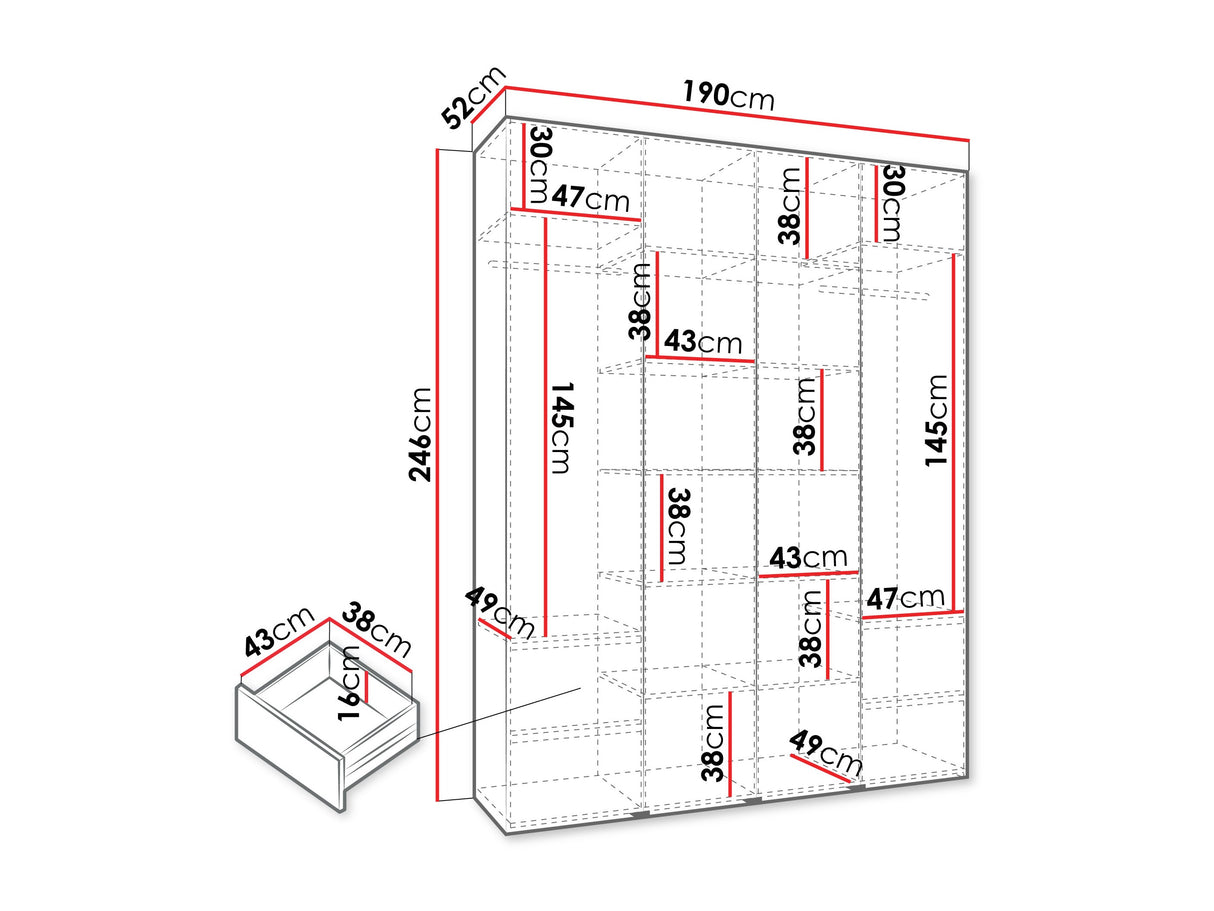 Gardróbszekrény Szafa COMO 4 170/180/190/200 (gł.40/50), Szín: Fehér, Fogantyú színe: Fekete, Fiókok: Igen, Szélesség: 190 cm, Mélység: 52 cm