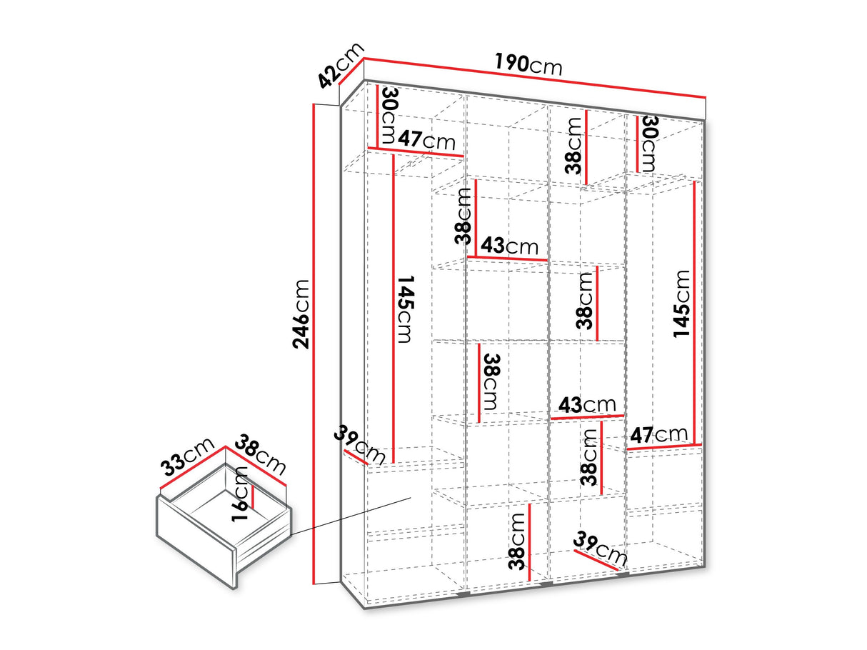 Gardróbszekrény Szafa COMO 4 170/180/190/200 (gł.40/50), Szín: Fehér, Fogantyú színe: Aranysárga, Fiókok: Igen, Szélesség: 190 cm, Mélység: 42 cm