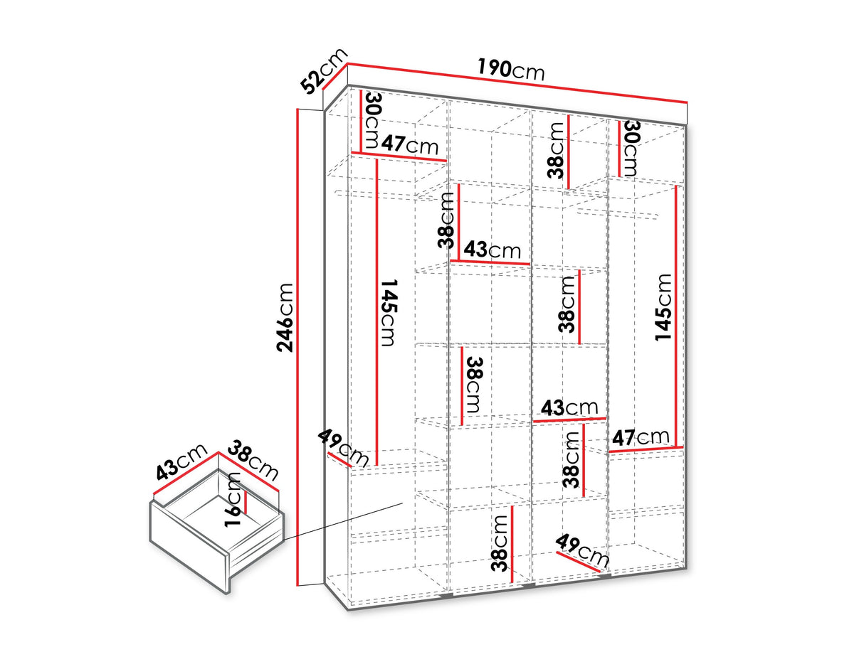 Gardróbszekrény Szafa COMO 4 170/180/190/200 (gł.40/50), Szín: Fehér, Fogantyú színe: Aranysárga, Fiókok: Igen, Szélesség: 190 cm, Mélység: 52 cm