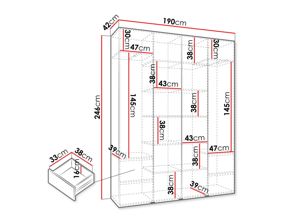 Gardróbszekrény Szafa COMO 4 170/180/190/200 (gł.40/50), Szín: Kasmír, Fogantyú színe: Fekete, Fiókok: Igen, Szélesség: 190 cm, Mélység: 42 cm