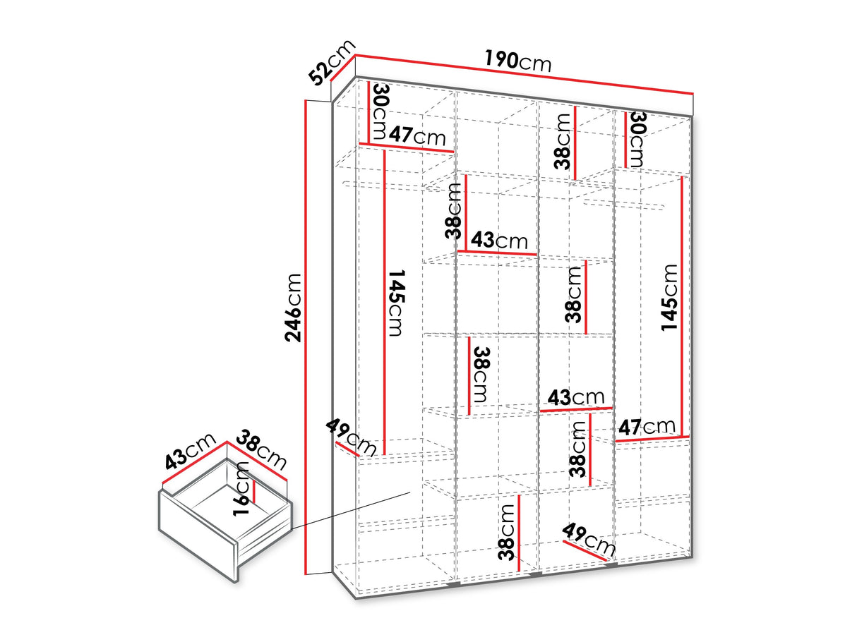 Gardróbszekrény Szafa COMO 4 170/180/190/200 (gł.40/50), Szín: Kasmír, Fogantyú színe: Fekete, Fiókok: Igen, Szélesség: 190 cm, Mélység: 52 cm
