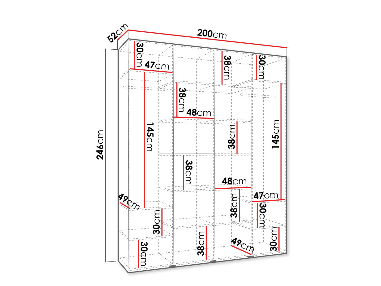 Gardróbszekrény Szafa COMO 4 170/180/190/200 (gł.40/50), Szín: Fehér, Fogantyú színe: Fekete, Fiókok: Nem, Szélesség: 200 cm, Mélység: 52 cm