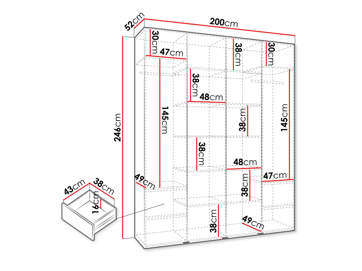 Gardróbszekrény Szafa COMO 4 170/180/190/200 (gł.40/50), Szín: Fehér, Fogantyú színe: Fekete, Fiókok: Igen, Szélesség: 200 cm, Mélység: 52 cm
