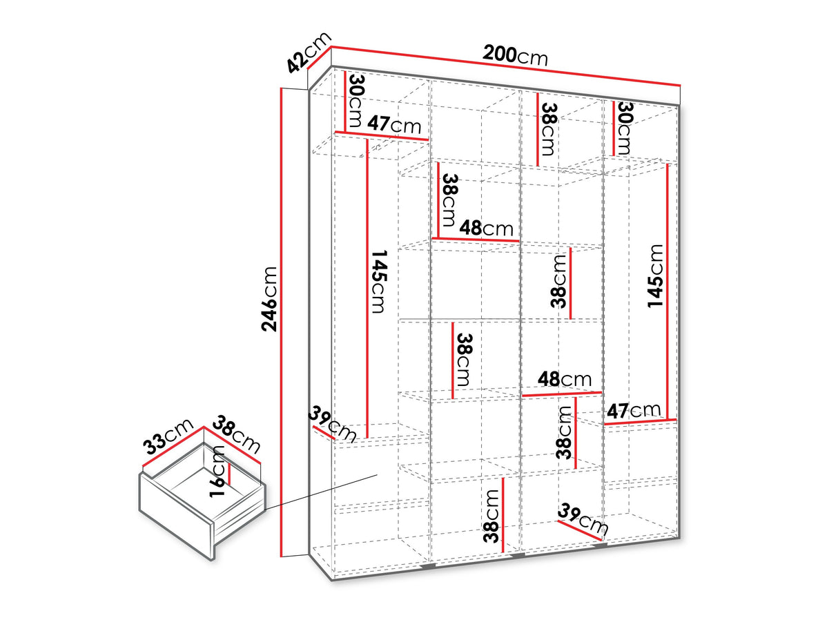 Gardróbszekrény Szafa COMO 4 170/180/190/200 (gł.40/50), Szín: Fehér, Fogantyú színe: Aranysárga, Fiókok: Igen, Szélesség: 200 cm, Mélység: 42 cm