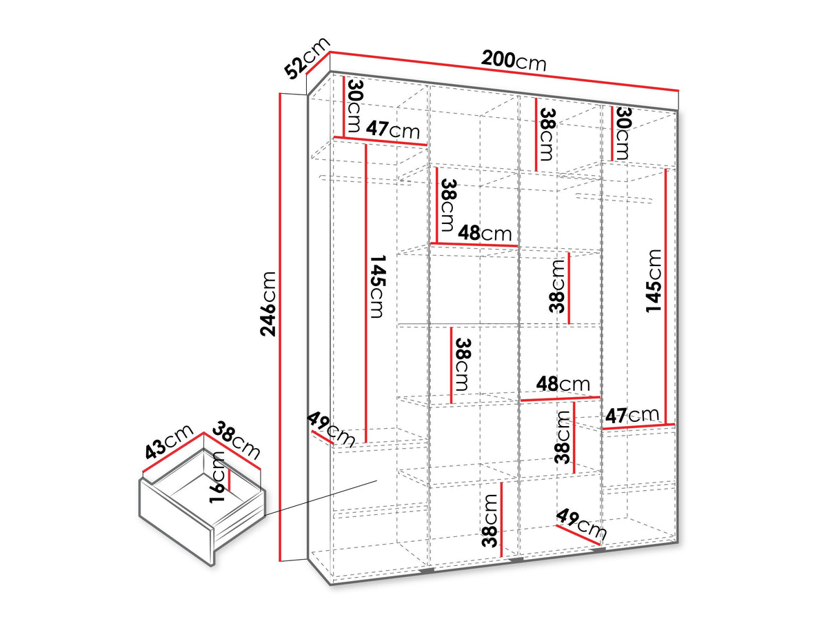 Gardróbszekrény Szafa COMO 4 170/180/190/200 (gł.40/50), Szín: Fehér, Fogantyú színe: Aranysárga, Fiókok: Igen, Szélesség: 200 cm, Mélység: 52 cm