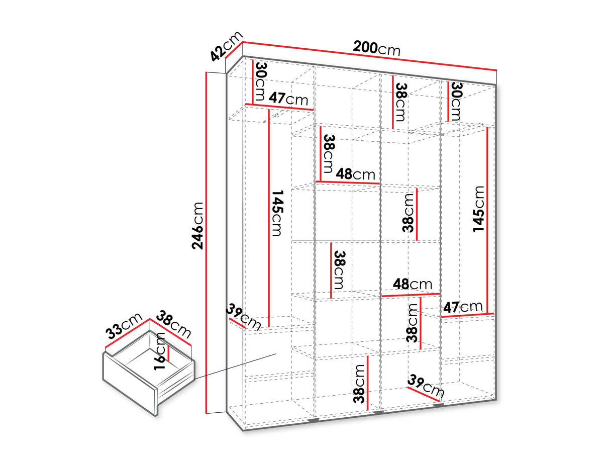 Gardróbszekrény Szafa COMO 4 170/180/190/200 (gł.40/50), Szín: Kasmír, Fogantyú színe: Fekete, Fiókok: Igen, Szélesség: 200 cm, Mélység: 42 cm