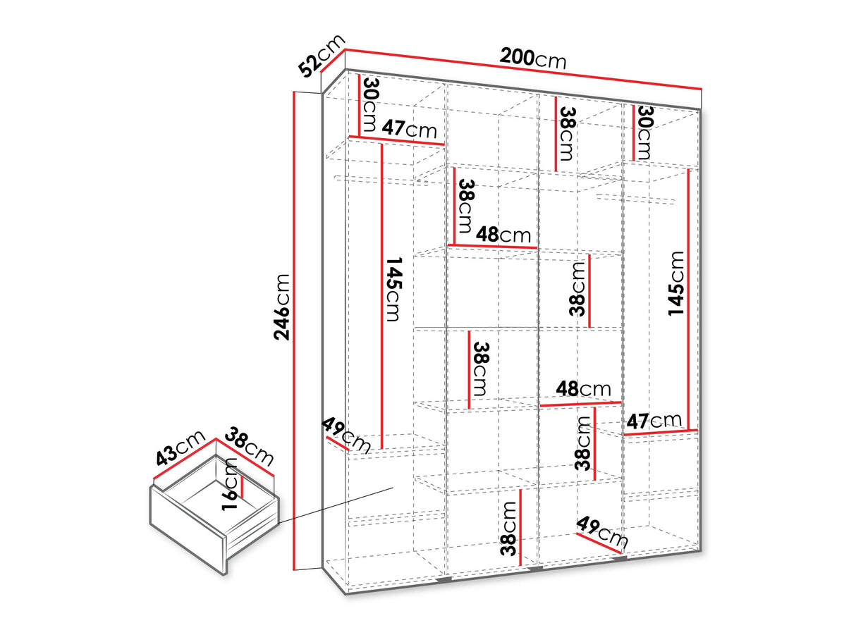 Gardróbszekrény Szafa COMO 4 170/180/190/200 (gł.40/50), Szín: Kasmír, Fogantyú színe: Fekete, Fiókok: Igen, Szélesség: 200 cm, Mélység: 52 cm