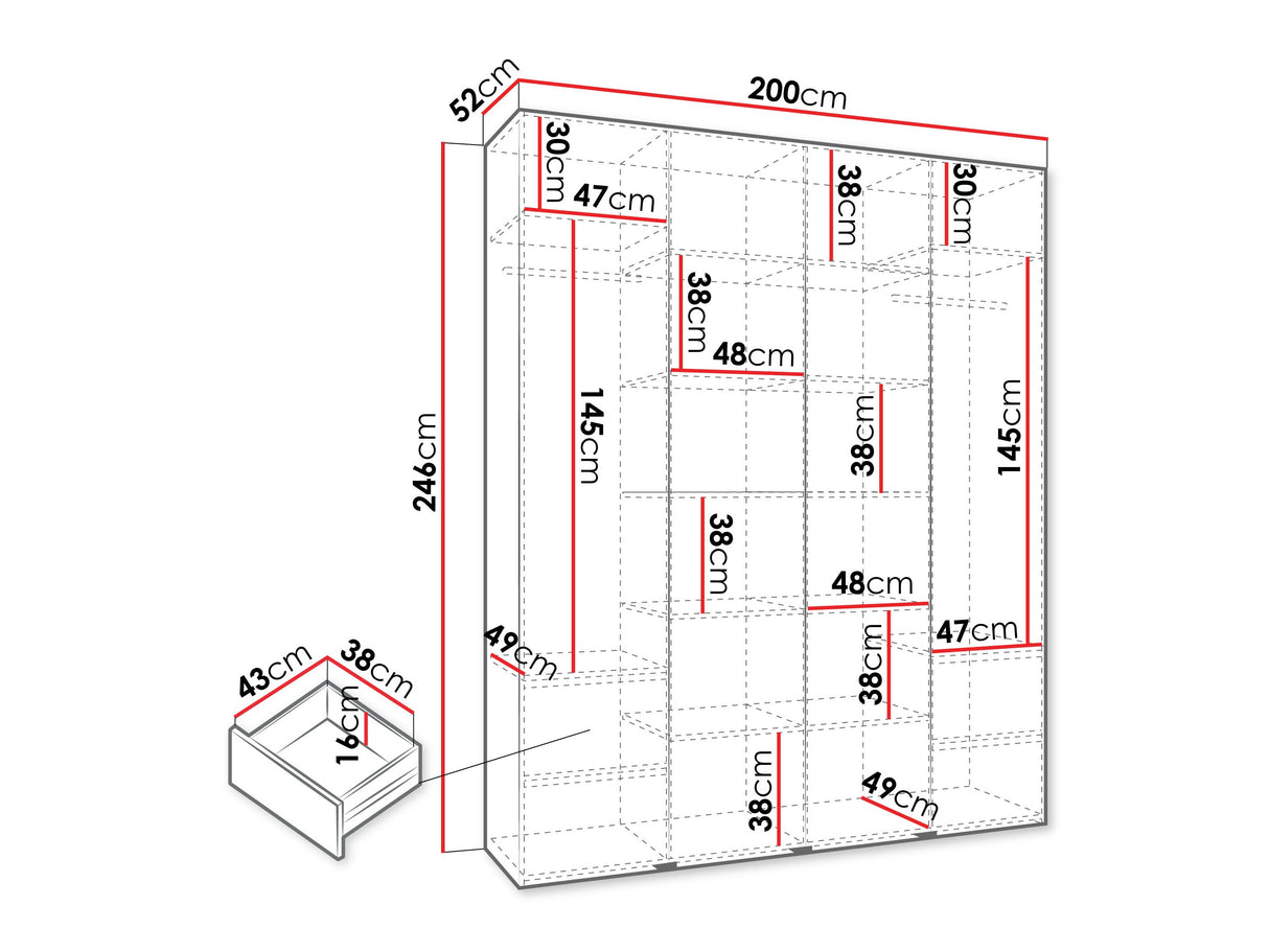 Gardróbszekrény Szafa COMO 4 170/180/190/200 (gł.40/50), Szín: Kasmír, Fogantyú színe: Aranysárga, Fiókok: Igen, Szélesség: 200 cm, Mélység: 52 cm