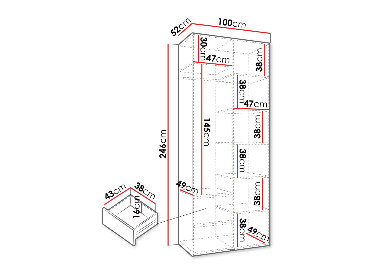 Gardróbszekrény Szafa COMO 1 100/110 (gł.42/52), Szín: Fehér, Fogantyú színe: Fekete, Fiókok: Igen, Szélesség: 100 cm, Mélység: 52 cm
