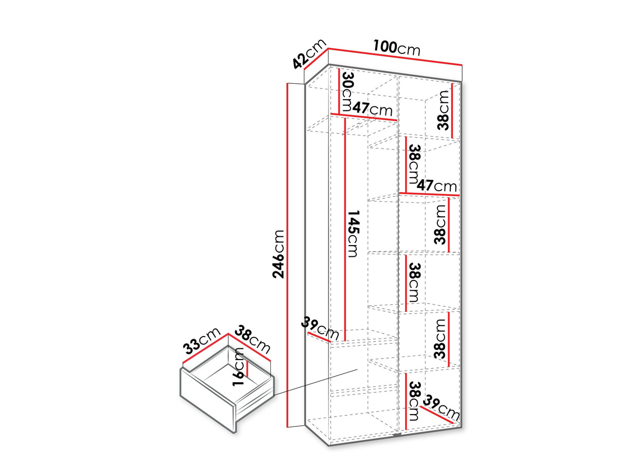 Gardróbszekrény Szafa COMO 1 100/110 (gł.42/52), Szín: Fehér, Fogantyú színe: Aranysárga, Fiókok: Igen, Szélesség: 100 cm, Mélység: 42 cm