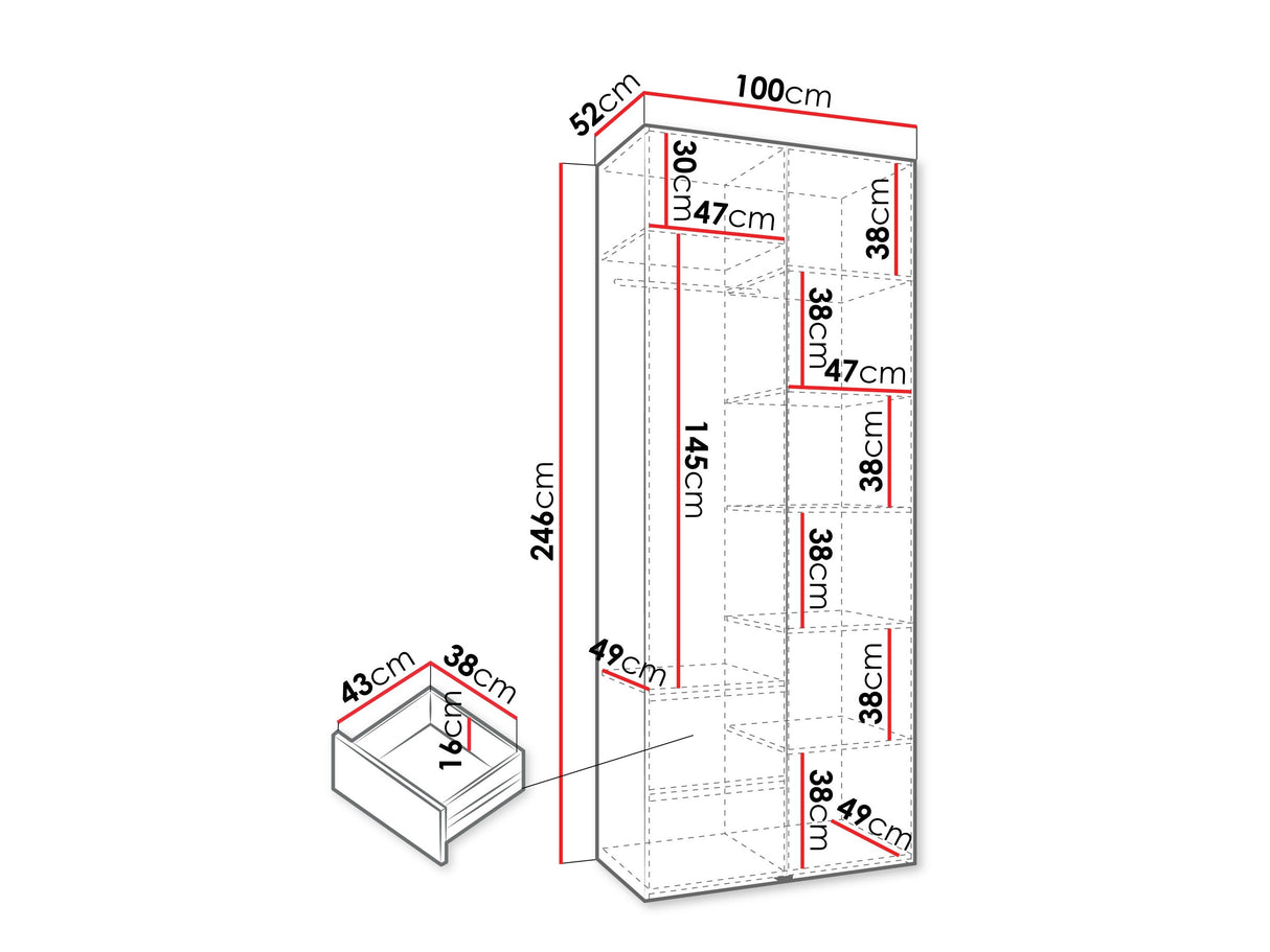 Gardróbszekrény Szafa COMO 1 100/110 (gł.42/52), Szín: Fehér, Fogantyú színe: Aranysárga, Fiókok: Igen, Szélesség: 100 cm, Mélység: 52 cm