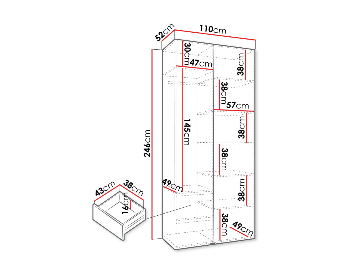 Gardróbszekrény Szafa COMO 1 100/110 (gł.42/52), Szín: Fehér, Fogantyú színe: Fekete, Fiókok: Igen, Szélesség: 110 cm, Mélység: 52 cm
