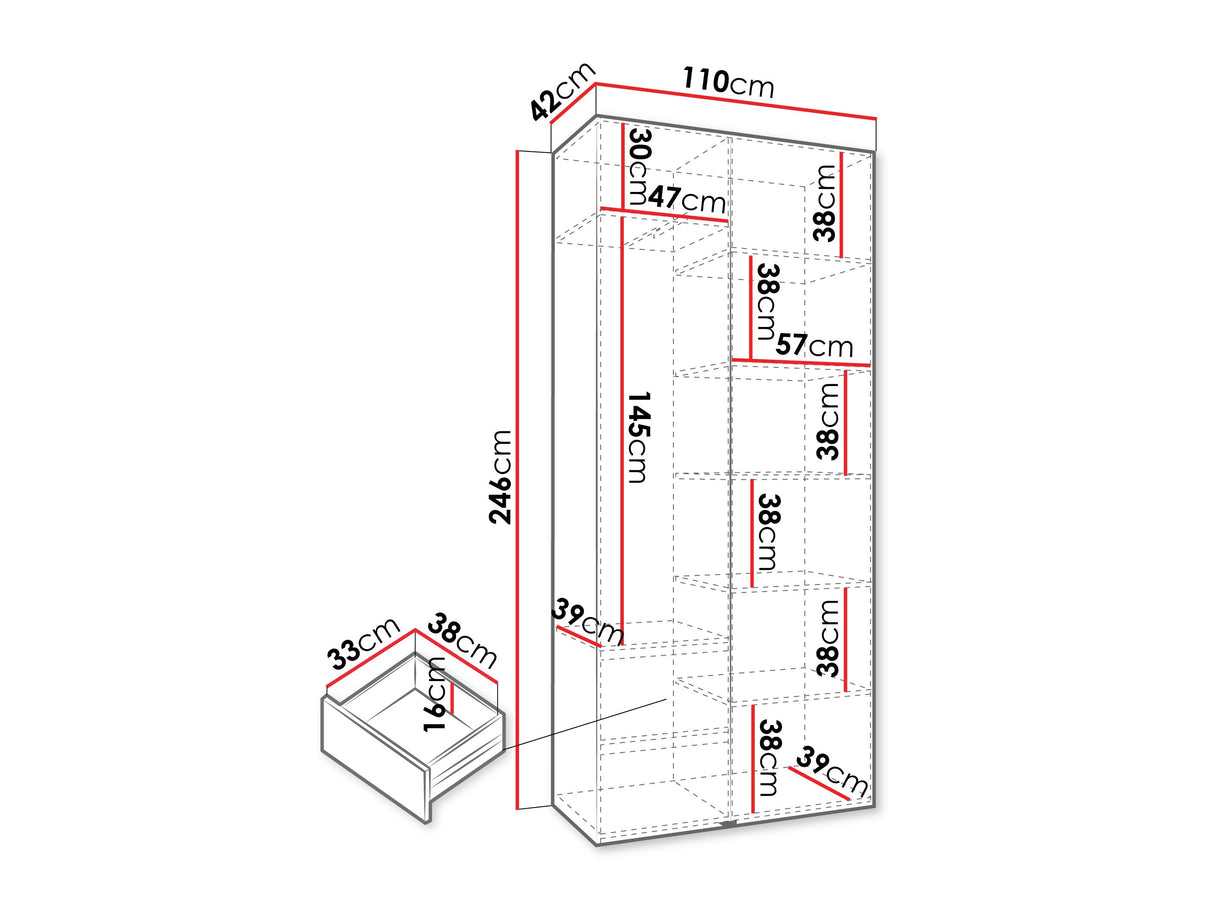 Gardróbszekrény Szafa COMO 1 100/110 (gł.42/52), Szín: Fehér, Fogantyú színe: Aranysárga, Fiókok: Igen, Szélesség: 110 cm, Mélység: 42 cm