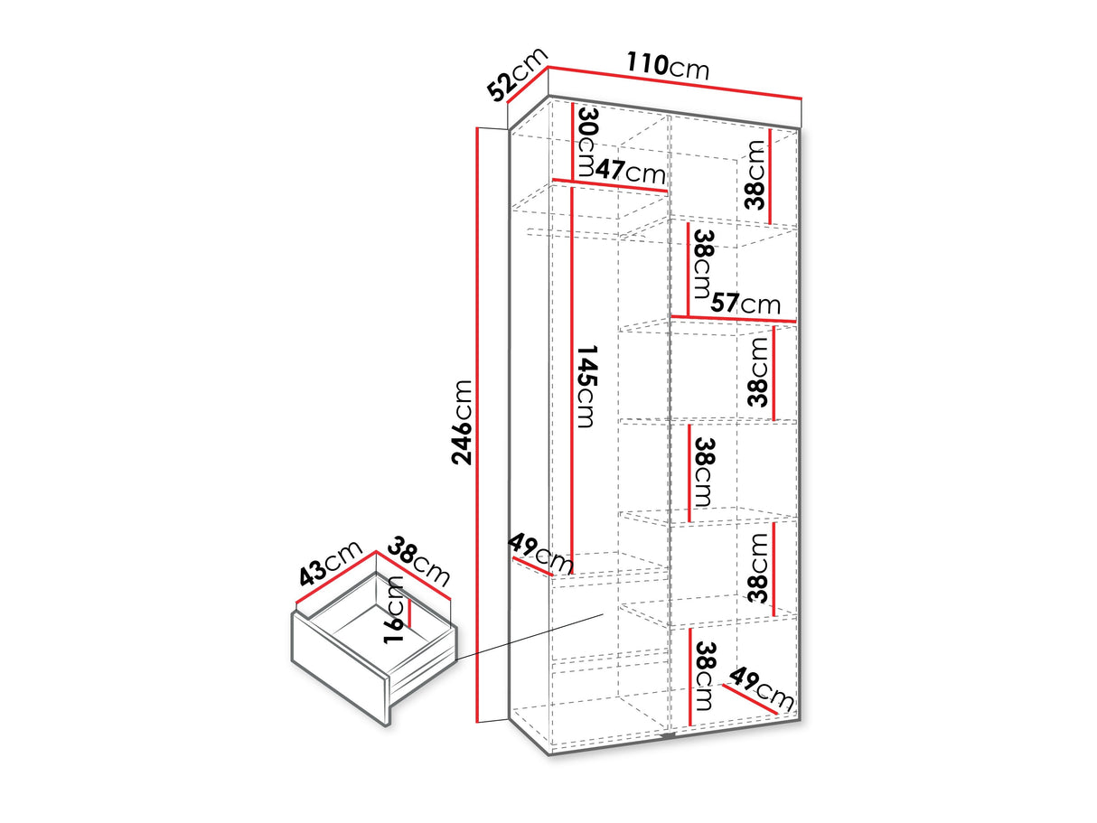 Gardróbszekrény Szafa COMO 1 100/110 (gł.42/52), Szín: Fehér, Fogantyú színe: Aranysárga, Fiókok: Igen, Szélesség: 110 cm, Mélység: 52 cm