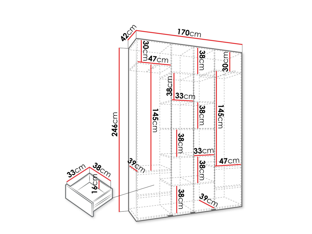 Gardróbszekrény Szafa COMO 1 170/180/190/200 (gł.42.52), Szín: Fehér, Fogantyú színe: Fekete, Fiókok: Igen, Szélesség: 170 cm, Mélység: 42 cm