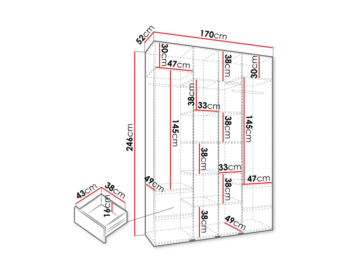 Gardróbszekrény Szafa COMO 1 170/180/190/200 (gł.42.52), Szín: Fehér, Fogantyú színe: Fekete, Fiókok: Igen, Szélesség: 170 cm, Mélység: 52 cm