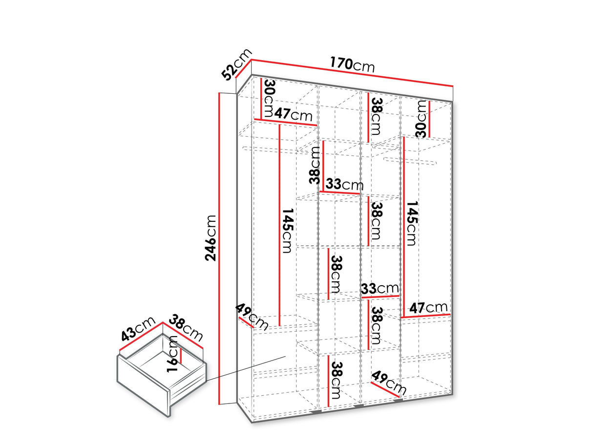 Gardróbszekrény Szafa COMO 1 170/180/190/200 (gł.42.52), Szín: Fehér, Fogantyú színe: Aranysárga, Fiókok: Igen, Szélesség: 170 cm, Mélység: 52 cm