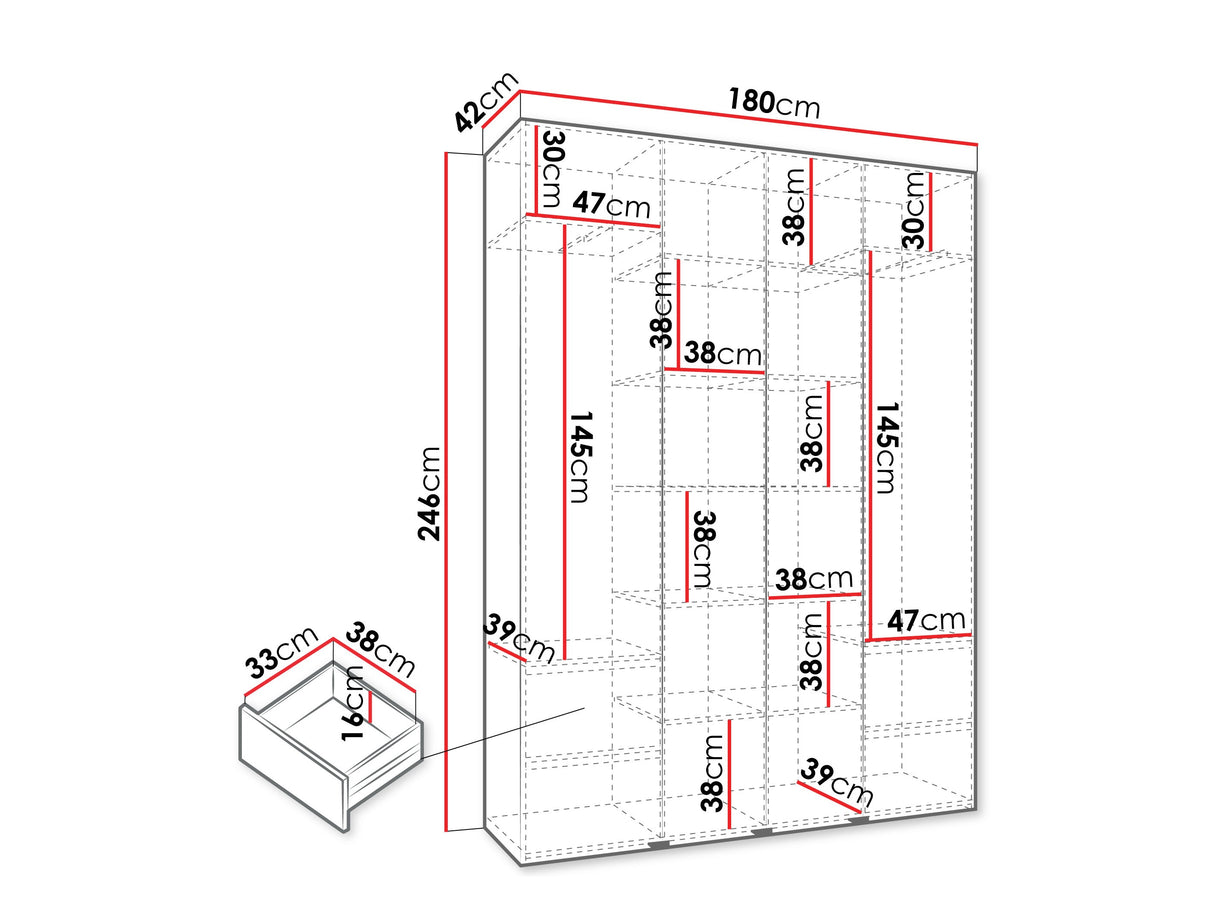 Gardróbszekrény Szafa COMO 1 170/180/190/200 (gł.42.52), Szín: Fehér, Fogantyú színe: Fekete, Fiókok: Igen, Szélesség: 180 cm, Mélység: 42 cm