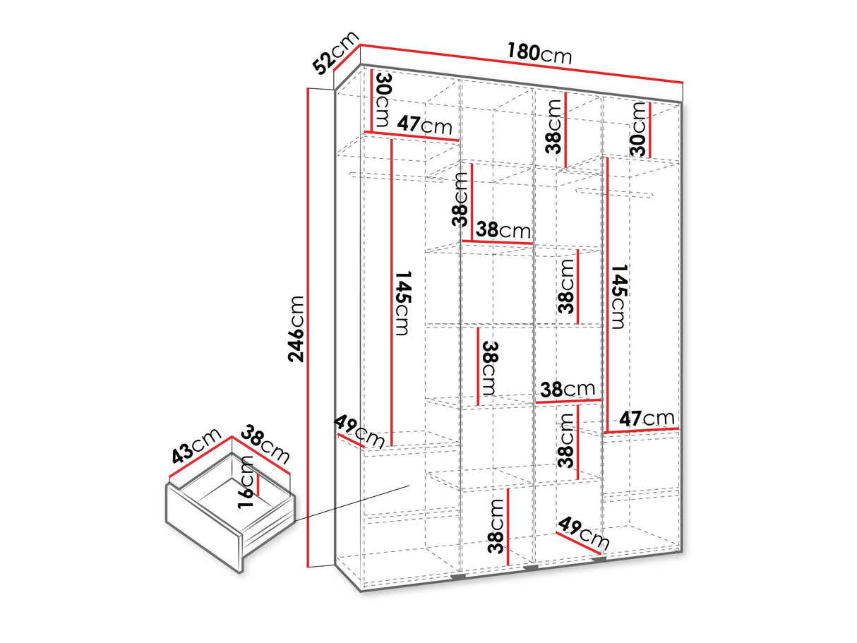 Gardróbszekrény Szafa COMO 1 170/180/190/200 (gł.42.52), Szín: Fehér, Fogantyú színe: Aranysárga, Fiókok: Igen, Szélesség: 180 cm, Mélység: 52 cm