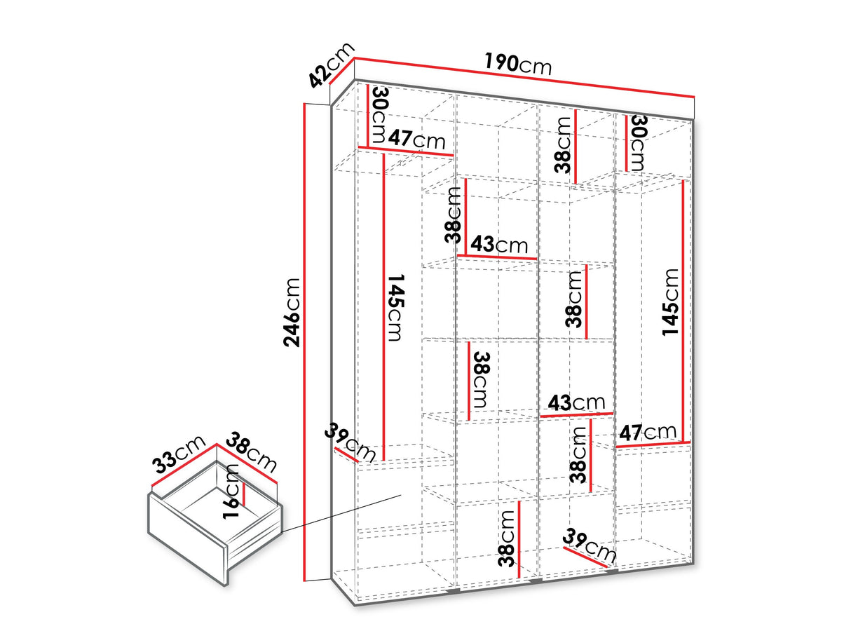 Gardróbszekrény Szafa COMO 1 170/180/190/200 (gł.42.52), Szín: Fehér, Fogantyú színe: Fekete, Fiókok: Igen, Szélesség: 190 cm, Mélység: 42 cm
