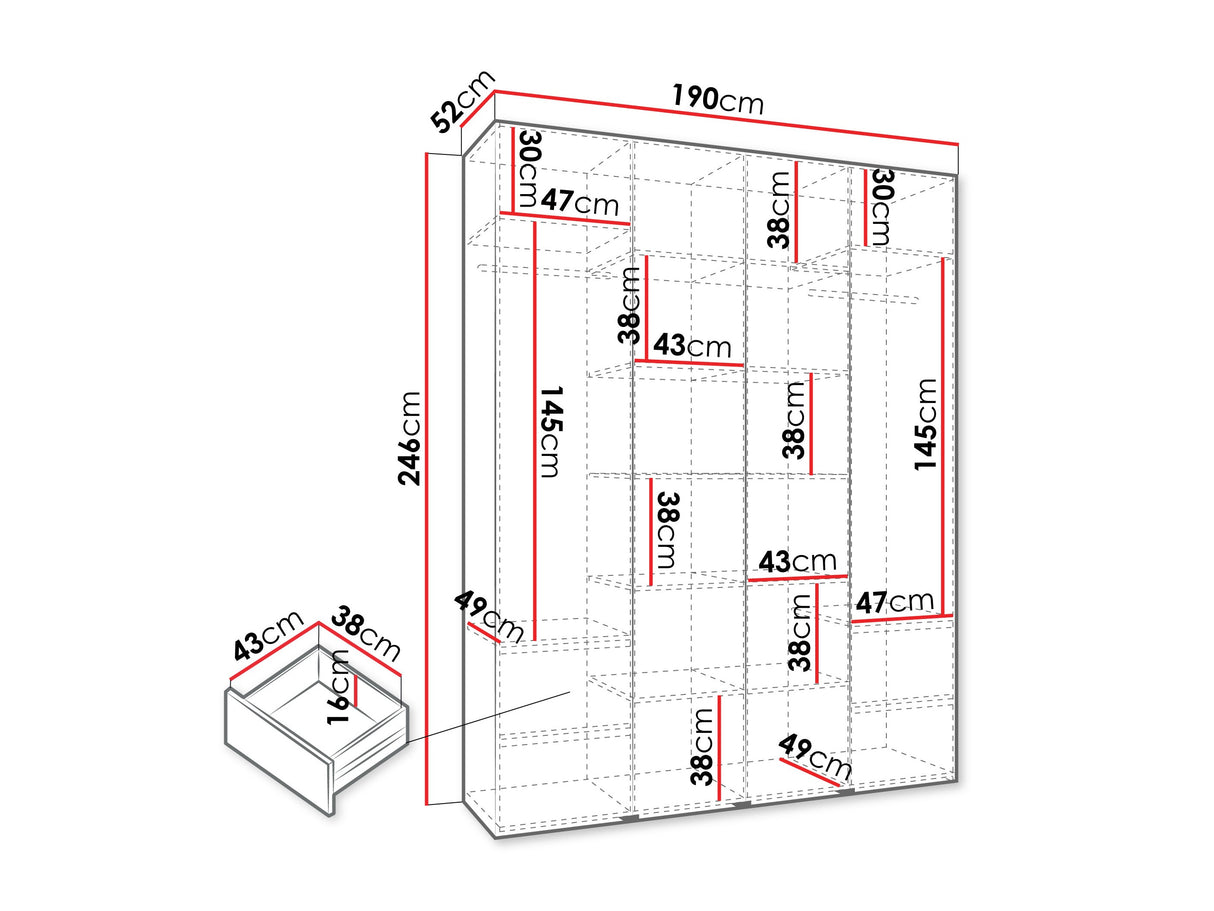 Gardróbszekrény Szafa COMO 1 170/180/190/200 (gł.42.52), Szín: Fehér, Fogantyú színe: Fekete, Fiókok: Igen, Szélesség: 190 cm, Mélység: 52 cm
