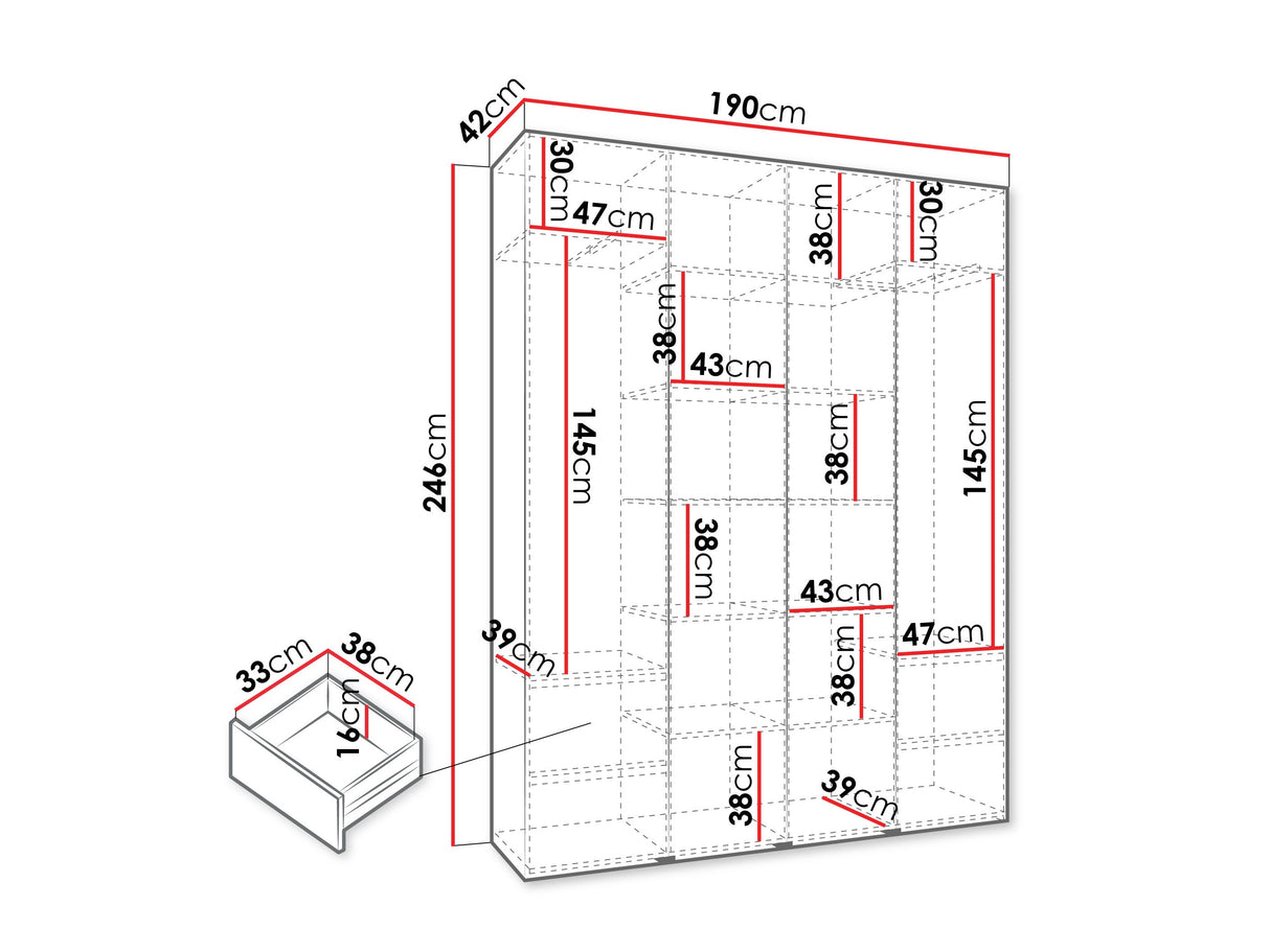 Gardróbszekrény Szafa COMO 1 170/180/190/200 (gł.42.52), Szín: Fehér, Fogantyú színe: Aranysárga, Fiókok: Igen, Szélesség: 190 cm, Mélység: 42 cm