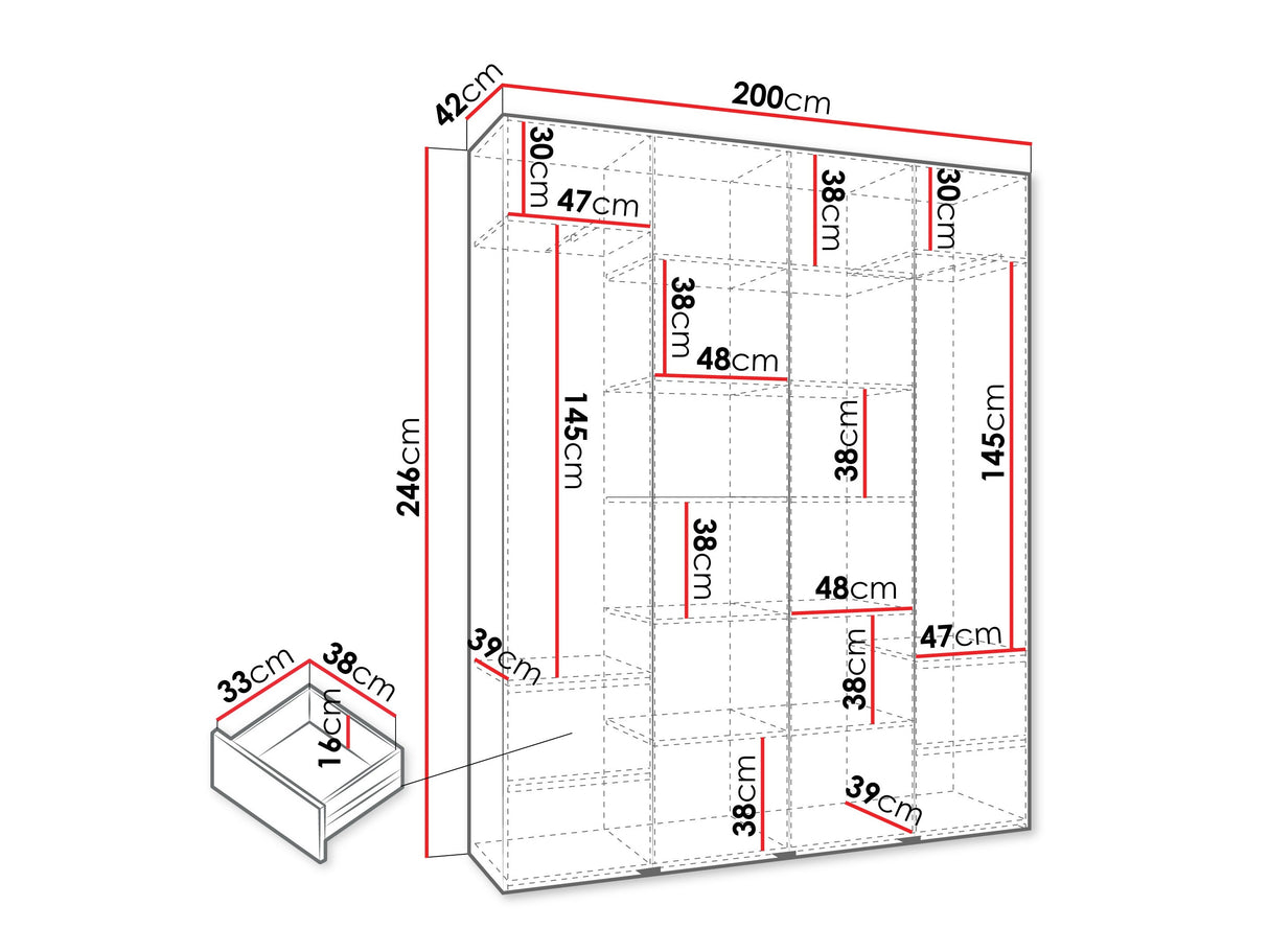 Gardróbszekrény Szafa COMO 1 170/180/190/200 (gł.42.52), Szín: Fehér, Fogantyú színe: Aranysárga, Fiókok: Igen, Szélesség: 200 cm, Mélység: 42 cm