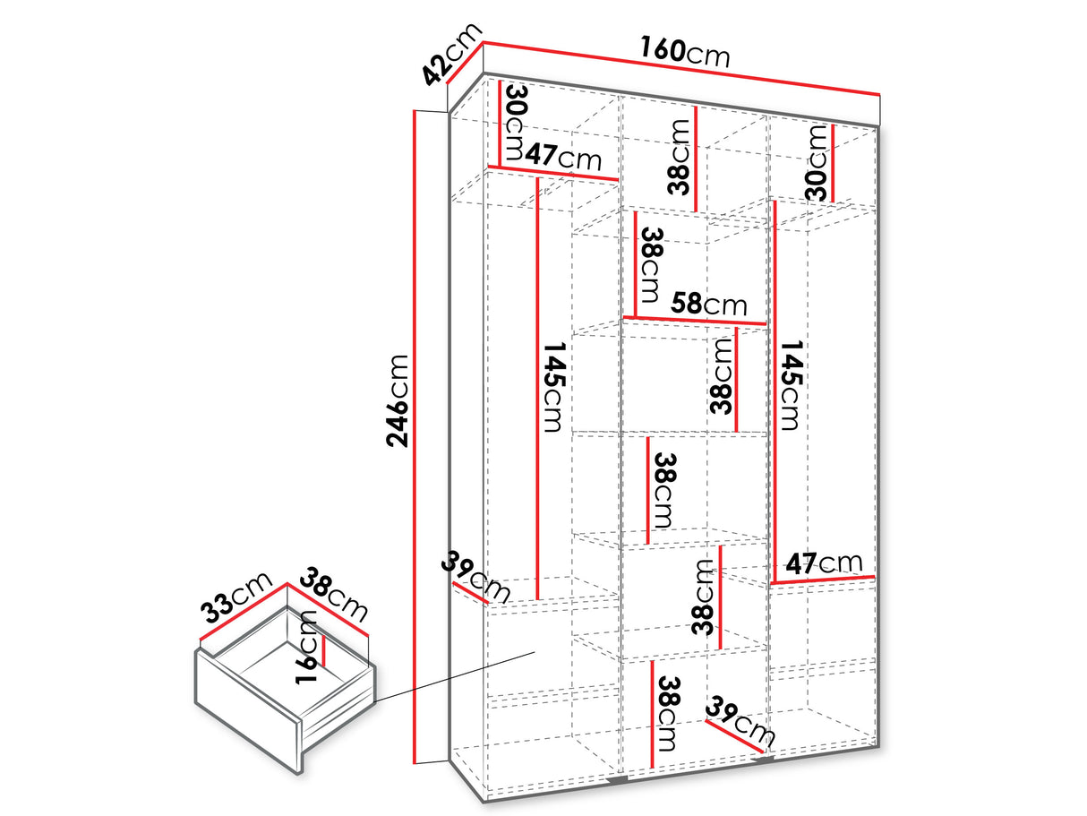 Gardróbszekrény Szafa COMO 1 120/130/140/150/160 (gł.42/52), Szín: Fehér, Fogantyú színe: Fekete, Fiókok: Igen, Szélesség: 160 cm, Mélység: 42 cm