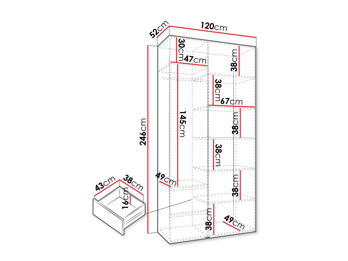Gardróbszekrény Szafa COMO 1 120/130/140/150/160 (gł.42/52), Szín: Fehér, Fogantyú színe: Aranysárga, Fiókok: Igen, Szélesség: 120 cm, Mélység: 52 cm